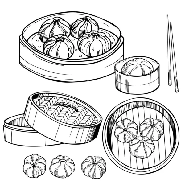 Hand Drawn Dim Sum Set Vector Sketch Illustration — Stock vektor