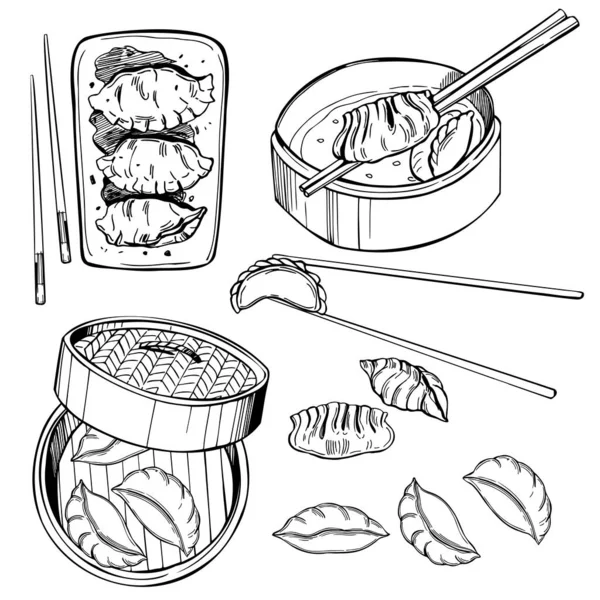 Handgezeichnetes Dim Sum Set Vektorskizze Als Illustration — Stockvektor