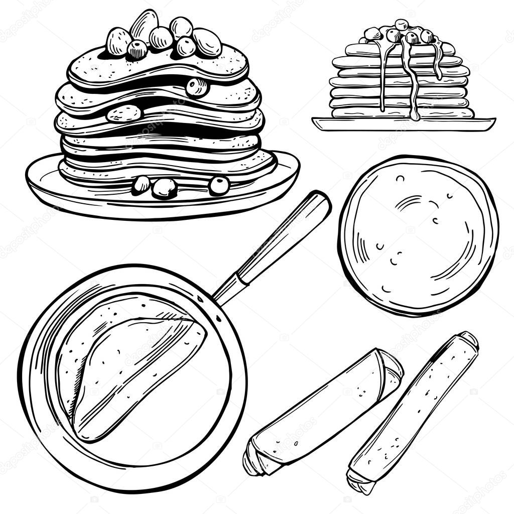 Hand drawn pancakes. Vector sketch  illustration.