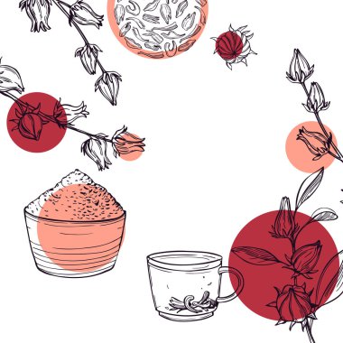  El yapımı amfibik çay seti. Roselle bitkisi (Jamaika sorrel, Rozelle veya hibiscus sabdariffa). Vektör arkaplanı.