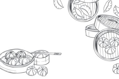 El yapımı Dim Sum seti. Vektör arkaplanı. Çizim çizimi