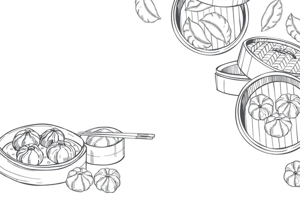 Dim Sum Set Dibujado Mano Fondo Vectorial Ilustración Del Boceto — Vector de stock