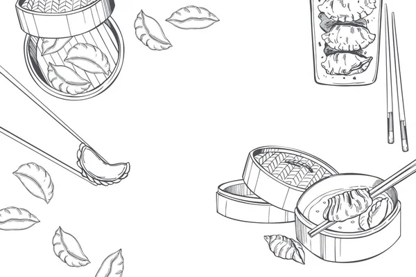 Set Dim Sum Disegnato Mano Esperienza Vettoriale Illustrazione Schizzo — Vettoriale Stock