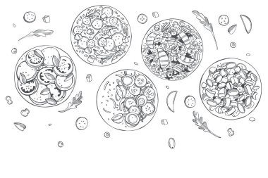 El yapımı salata seti. Vektör arkaplanı. Çizim çizimi.