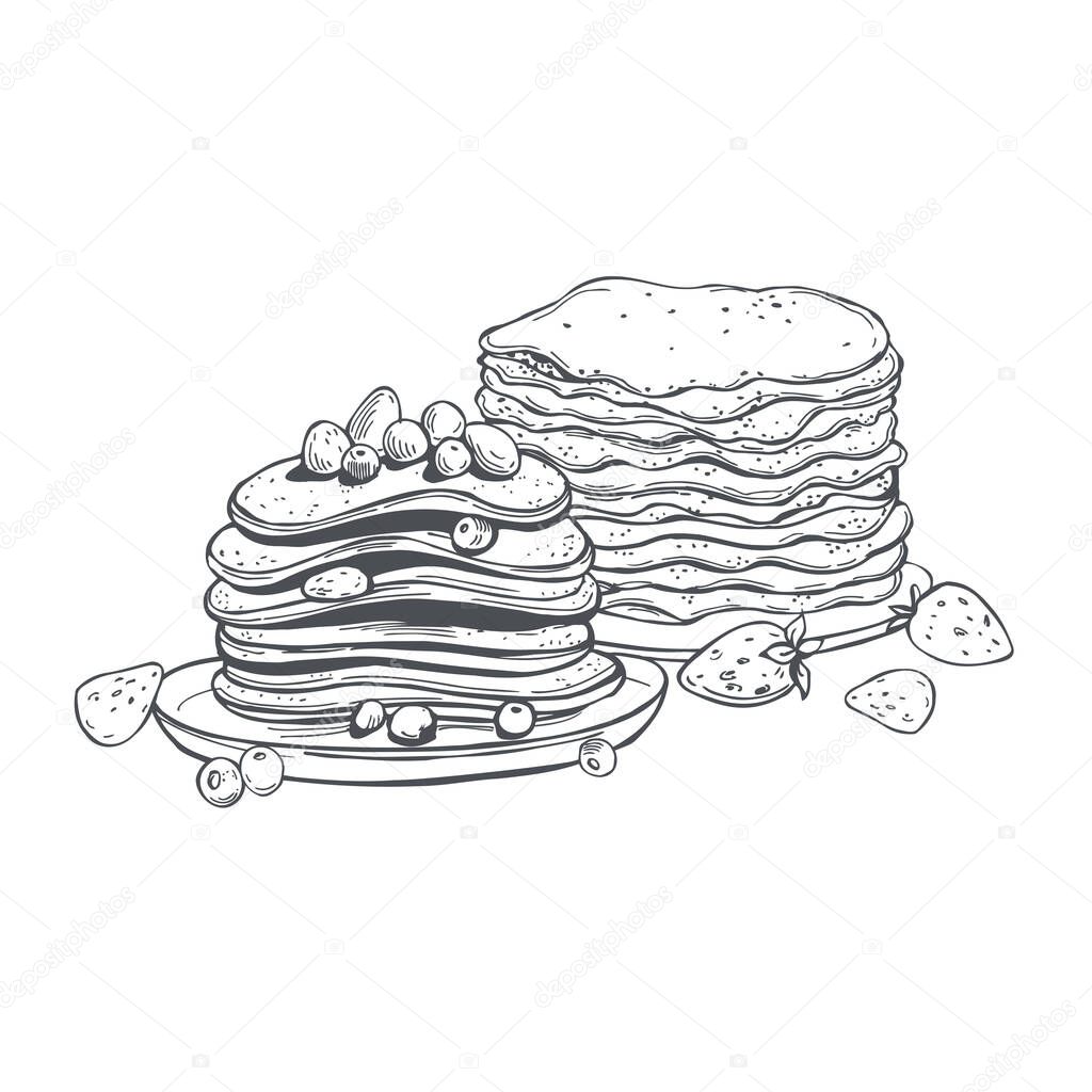 Hand drawn pancakes on white background. Vector sketch  illustration.