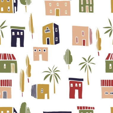 Hand drawn houses, trees and palms.  Vector  seamless pattern.