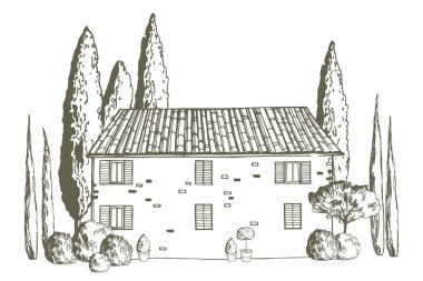 Hand drawn Mediterranean stone house with trees. Vector sketch  illustration.