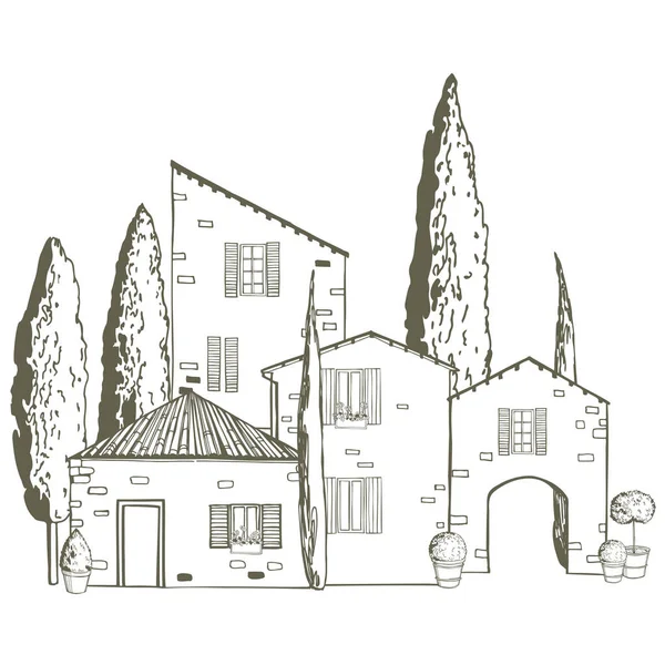 Hand Drawn Mediterranean Stone Houses Trees Vector Sketch Illustration — Stock Vector