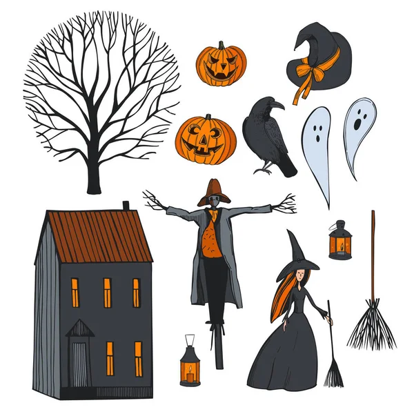Ensemble Halloween Dessiné Main Illustration Croquis Vectoriels — Image vectorielle