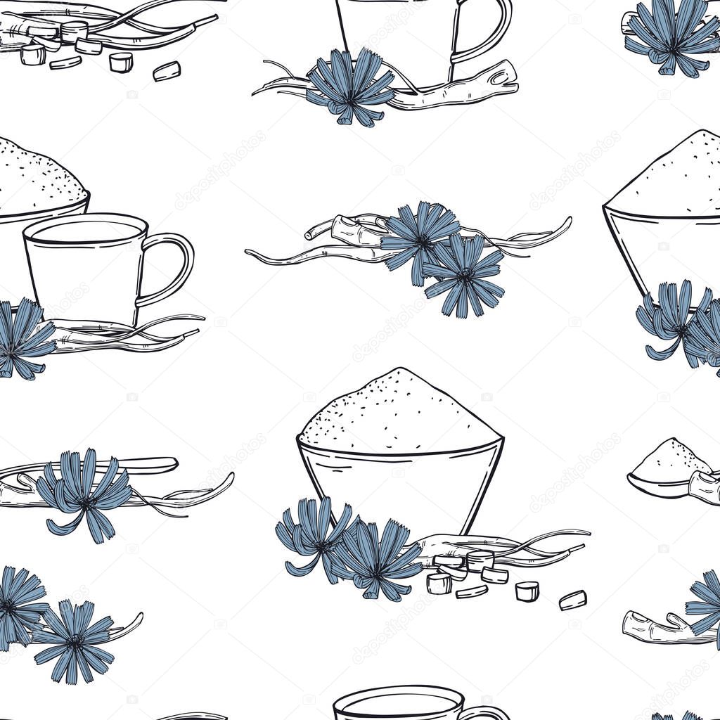 Hand-drawn Common chicory  (Cichorium intybus flowers) set. Roots and flowers. Vector  seamless pattern.  