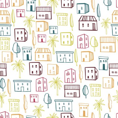 Elle çizilmiş şirin evler ve ağaçlar. Vektörsüz desen.