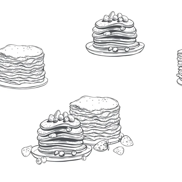 Crêpes Dessinées Main Sur Fond Blanc Modèle Sans Couture Vectoriel — Image vectorielle