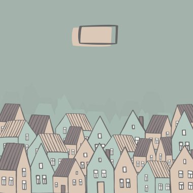 Elle çizilmiş evleri olan vektör arkaplan. Çizim çizimi.