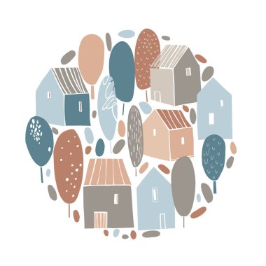 El çizimi evler daire şeklinde. Vektör çizimi çizimi.