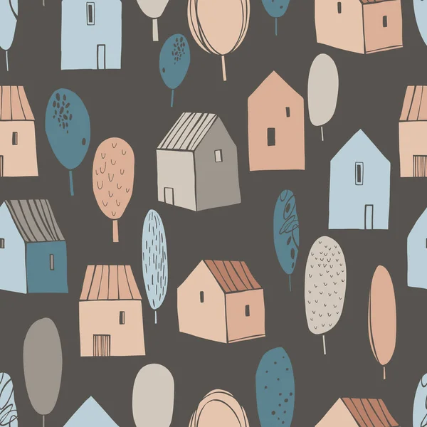 El çizimi şirin evler. Vektörsüz desen.