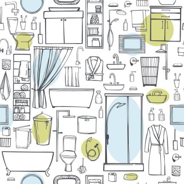 El yapımı banyo mobilyaları, tesisat, duş aksesuarları. Vektörsüz desen. 