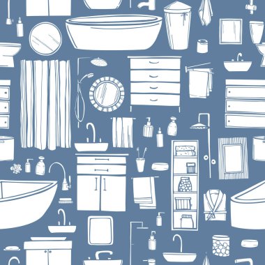 El yapımı banyo mobilyaları, tesisat, duş aksesuarları. Vektörsüz desen. 