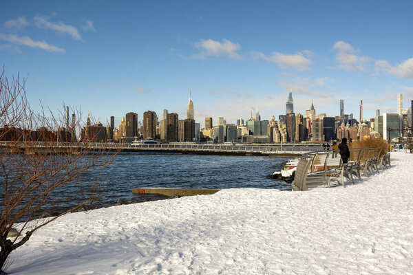 New York City after a Winter Storm from Transmitter Park, Greenpoint, Brooklyn, NY, USA