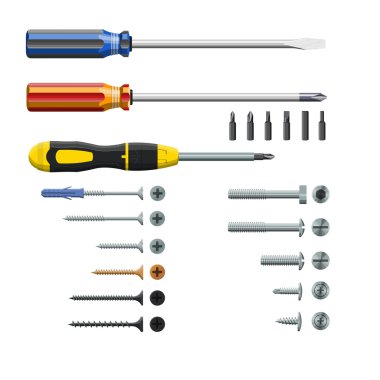 Üç farklı Tornavidalar, vidalar, ufak tefek kümesi beyaz arka plan üzerinde gerçekçi, vektör illüstrasyon izole.