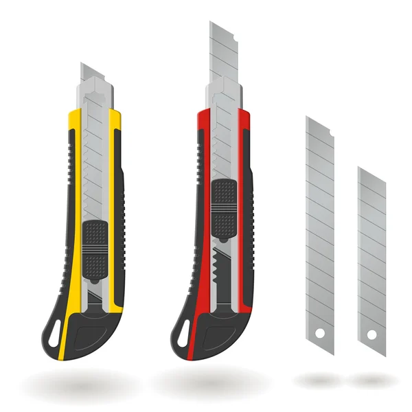 Conjunto de dos cuchillos y cuchillas de papelería aislados sobre fondo blanco, ilustración vectorial realista — Vector de stock