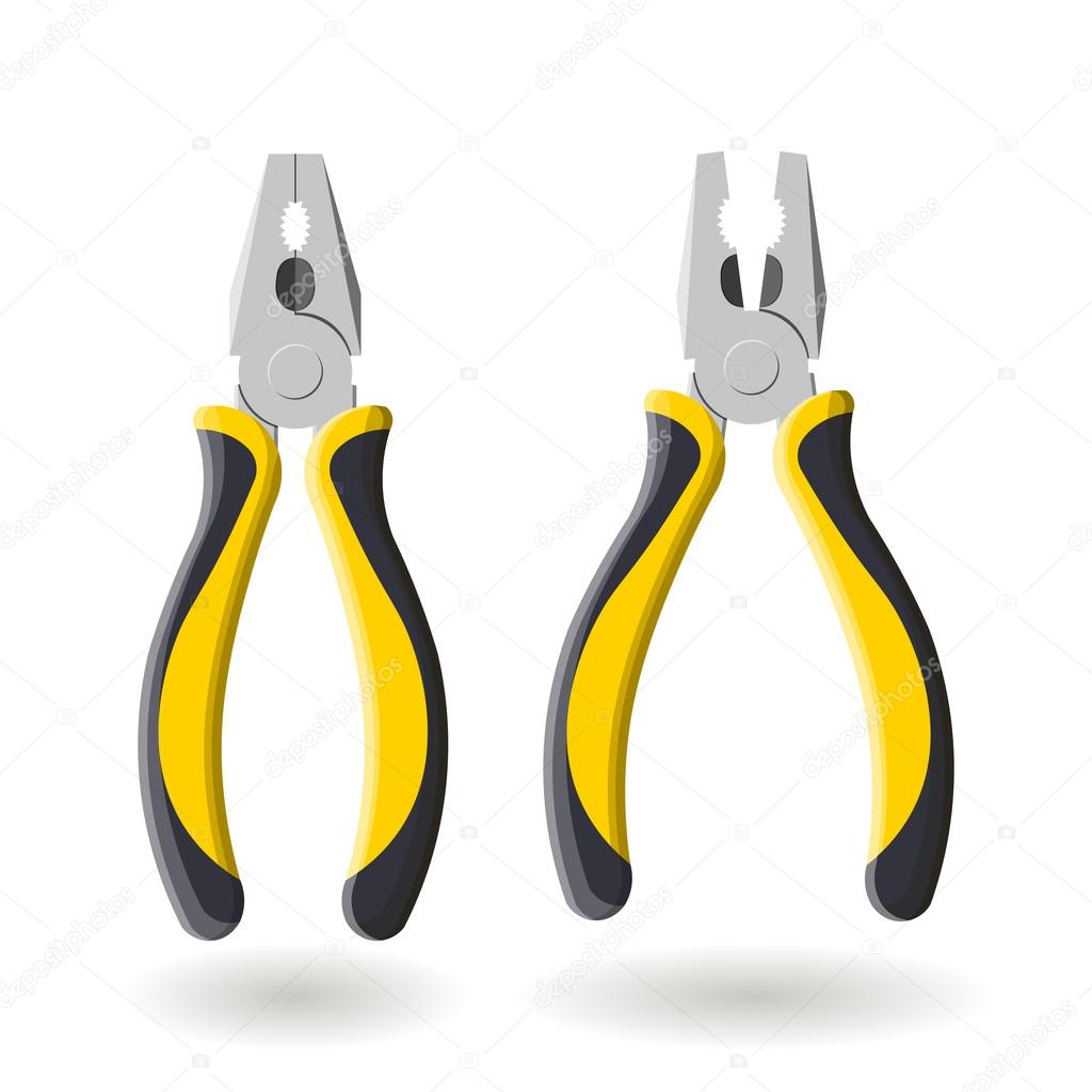 Set of two yellow pliers isolated on white background, realistic vector illustration