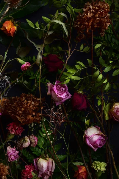 黒い背景にバラ カーネーション 緑の植物のドライな花のイメージ ロイヤリティフリーのストック画像