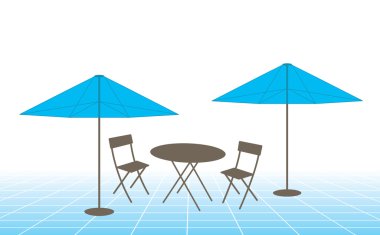 Açık masa, sandalye ve şemsiye