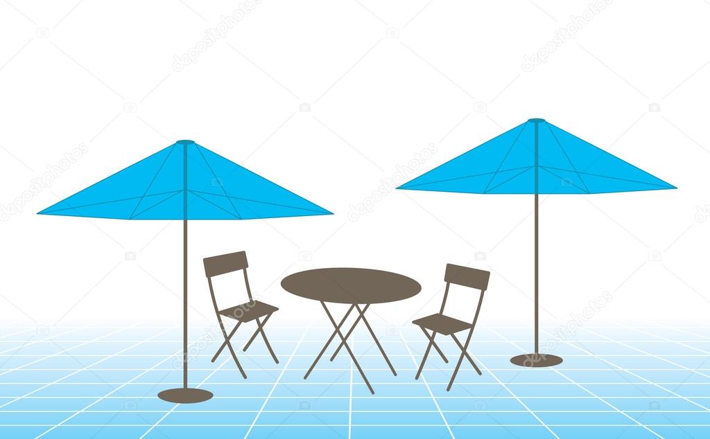 Outdoor table, chairs and umbrellas