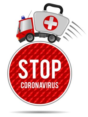 Ambulance car emergency auto as first aid kit and sign stop coronavirus symbol clipart