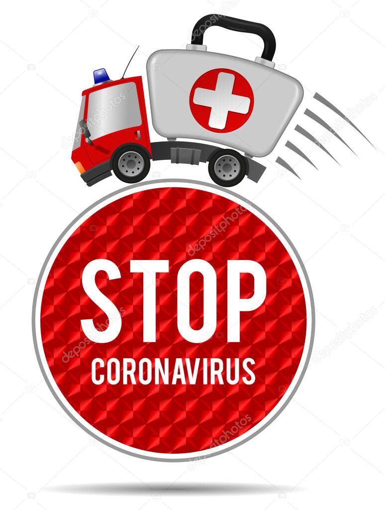 Ambulance car emergency auto as first aid kit and sign stop coronavirus symbol