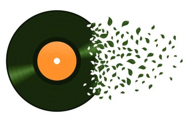 Yeşil yapraklara dönüşen plak plakları, doğa, sürdürülebilirlik ve yaratıcı dönüşümü sembolize eden eko müzik konsepti, beyaz arka planda izole edilmiş.