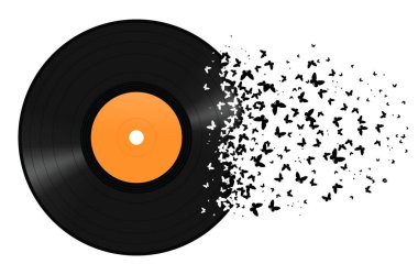 Uçan kelebeklere dönüşen plak plakları, özgürlüğü, hayal gücünü ve dönüşümü simgeleyen yaratıcı müzik konsepti, beyaz arka planda izole edilmiş.