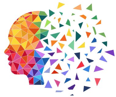 A colorful geometric silhouette of a human head composed of triangular shapes, part of which breaks down into individual fragments, isolated on a white background.