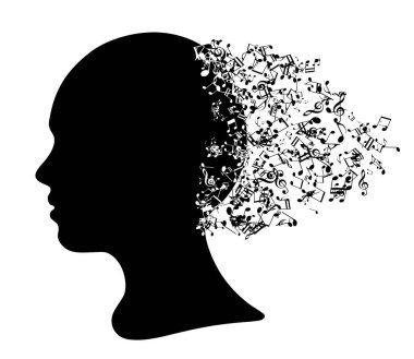 Profilde insan kafasının siyah silueti, notaların ve sembollerin dağıldığı, beyaz arka planda izole edilmiş.