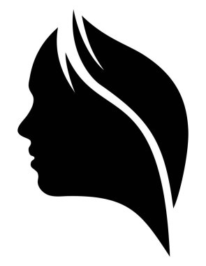 Bir kadının siyah silueti profilde, zarif uzun saçlı, soyut şekilli, beyaz bir arka planda izole edilmiş.