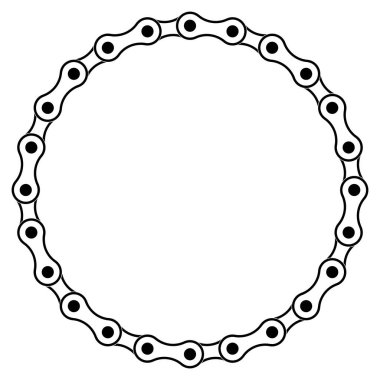 Dairesel bisiklet zinciri çerçevesi yuvarlak bir sınır oluşturuyor. Motosiklet zinciri bağlantılarının siyah ve beyaz çizimi metin veya tasarım ögeleri için boş merkez alanı olan dekoratif çerçeve yaratıyor