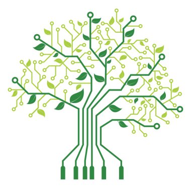 Digital tree illustration combining electronic circuits with organic leaves