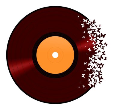 Uçan kelebeklere dönüşen plak plakları, özgürlüğü, hayal gücünü ve dönüşümü simgeleyen yaratıcı müzik konsepti, beyaz arka planda izole edilmiş.