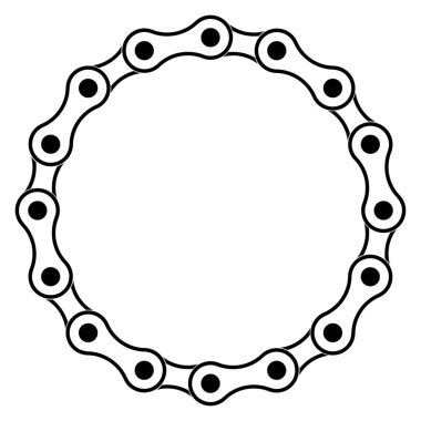 Dairesel bisiklet zinciri çerçevesi yuvarlak bir sınır oluşturuyor. Motosiklet zinciri bağlantılarının siyah ve beyaz çizimi metin veya tasarım ögeleri için boş merkez alanı olan dekoratif çerçeve yaratıyor