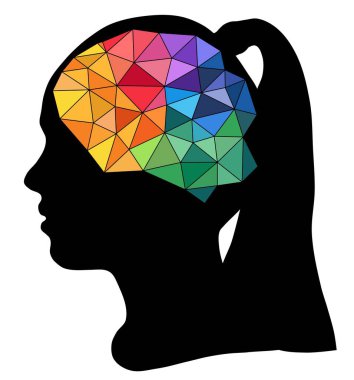 Abstract human head with geometric brain made of colorful triangles, symbol of intelligence, creativity, artificial intelligence and modern digital thinking, isolated vector illustration