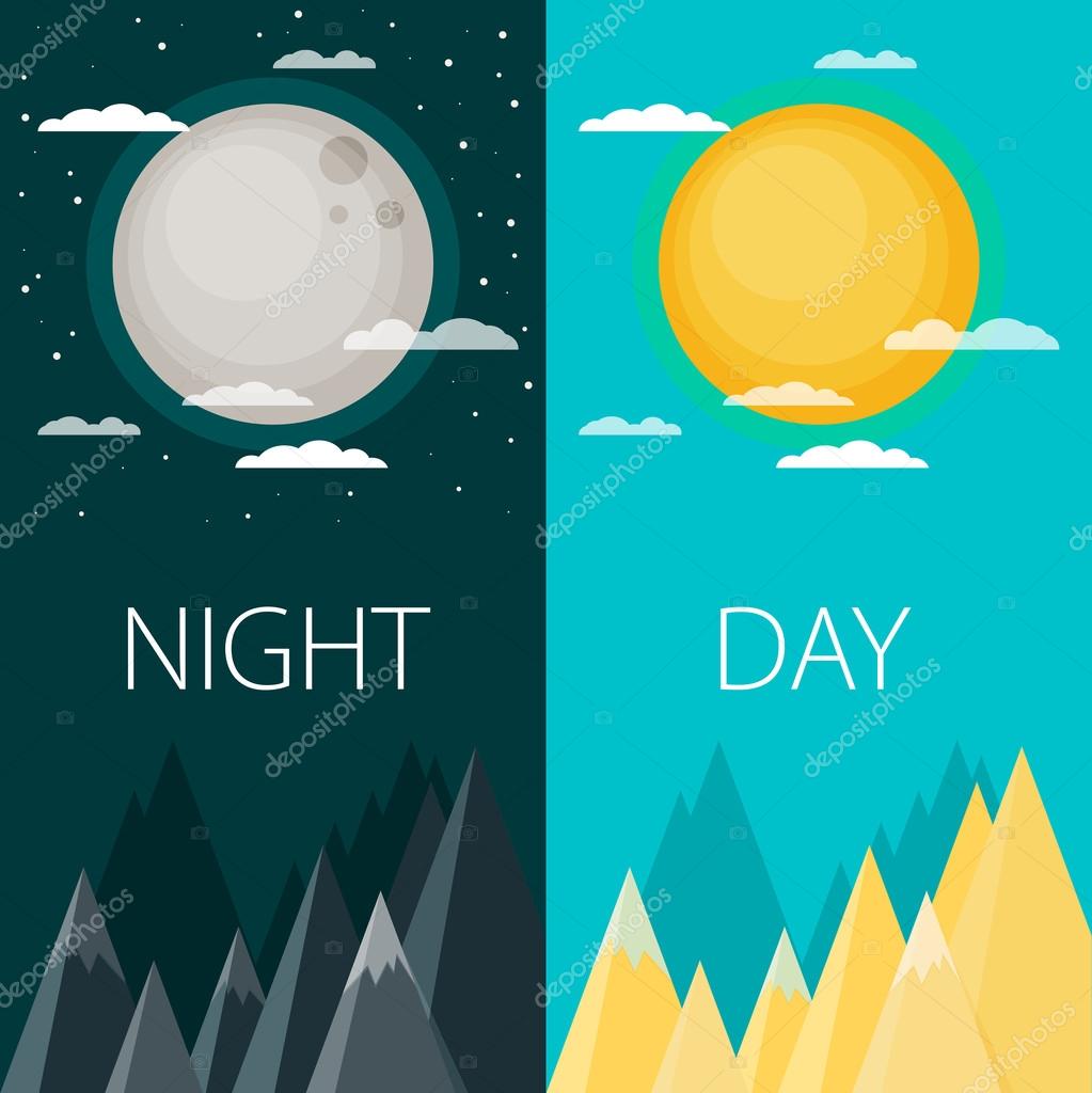 Half day and night, sun and moon with clouds. Flat illustration of sky and weather broadcasting, cloud and life, period and cycle for banners of mobile app backgrounds