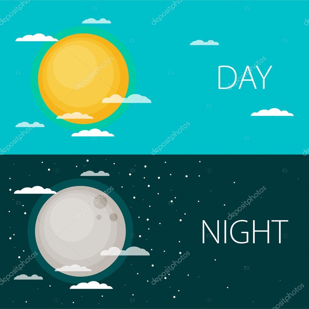 Half day and night, sun and moon with clouds. Flat illustration of sky and weather broadcasting, cloud and life, period and cycle for banners of mobile app backgrounds