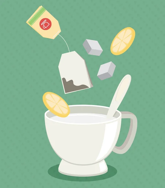 Tea cup with sugar and lemon — Stock Vector