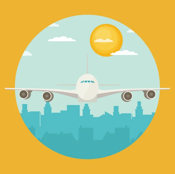 Avión volando sobre ciudad urbana — Vector de stock