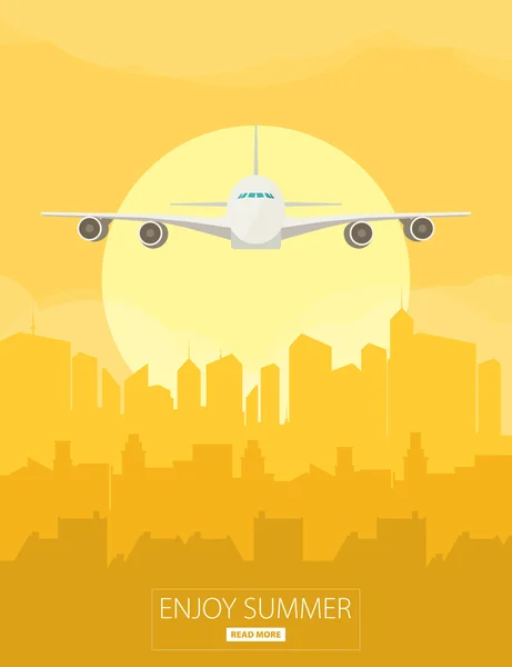 Avión volando sobre ciudad urbana — Vector de stock