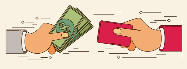 Händer som håller kreditkort och pengar — Stock vektor