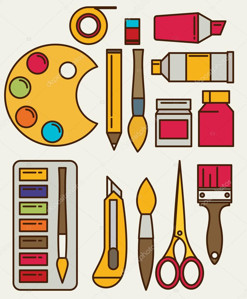 Art Supplies For Drawing. Sketches Vector Set With Paints, Palette