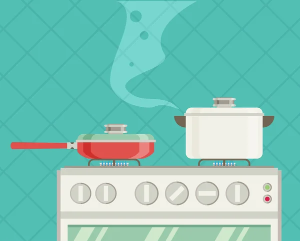 Intérieur de la cuisine, casseroles sur la cuisinière, cuisine — Image vectorielle
