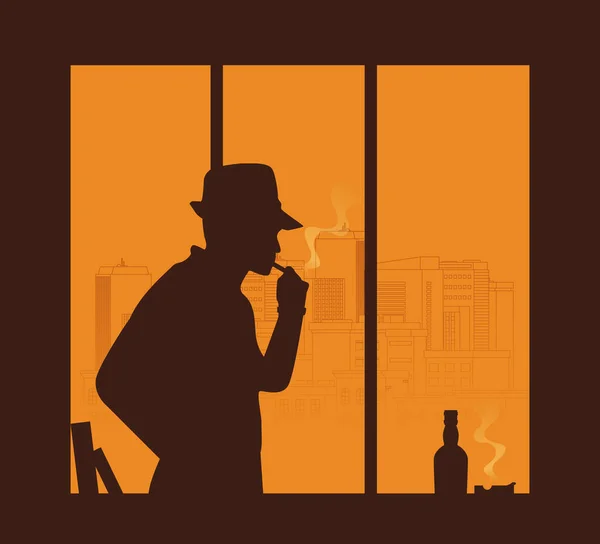 窓のベクトルで見てる男のシルエット — ストックベクタ