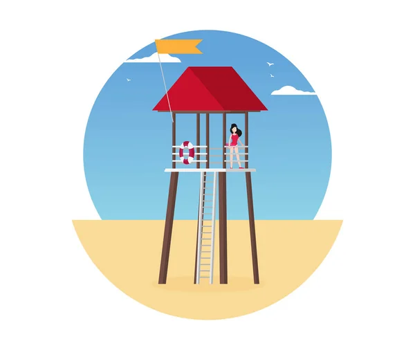 Playa Verano Con Torre Observación Que Salva Vidas Arte Vectorial — Vector de stock